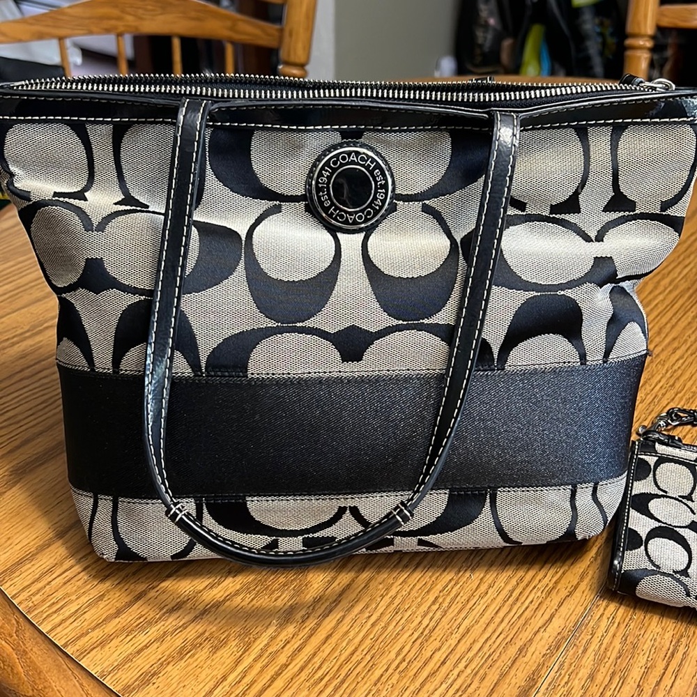 Coach Signature Stripe Tote Bag With Matching Wallet